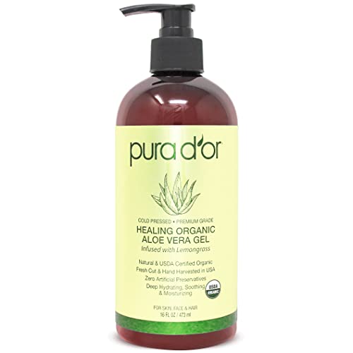 PURA D'OR Organic Aloe Vera Gel Lemongrass (16oz) All Natural - ZERO Artificial Preservatives - Deeply Hydrating & Moisturizing - Sunburn, Bug Bites, Rashes, Small Cuts, Eczema Relief - Skin & Hair