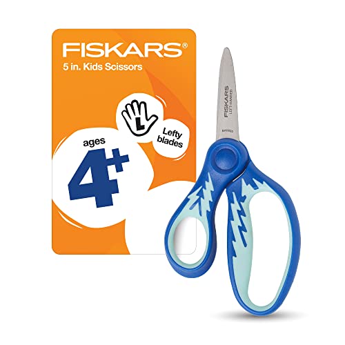 411iZ20RO9L.jpg Fiskars Kids Scissors, Left Handed Scissors for Kids, Scissors for school, SoftGrip, 5 Inch, Blue Lightning - Image 1
