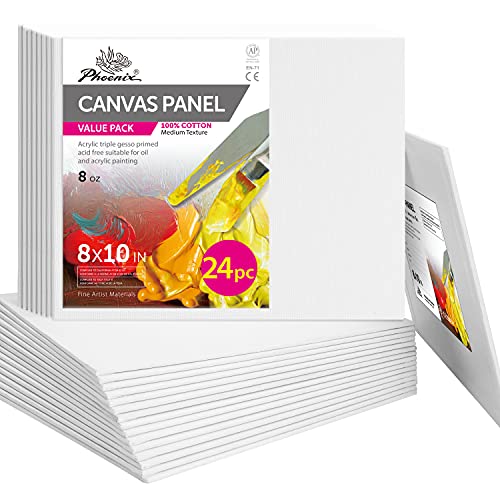 5159q8aqhS.jpg PHOENIX Painting Canvas Panels 8x10 Inch, 24 Bulk Pack - 8 Oz Triple Primed 100% Cotton Acid Free Canvases for Painting, White Blank Flat Canvas Boards for Acrylic, Oil, Watercolor & Tempera Paints - Image 1