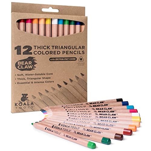 Koala Tools - Bear Claw Colored Pencils for Adults and Kids, Water Soluble Color Pencils with Triangular Grip for Art and Shading, Large Coloring Pencils, Pack of 12