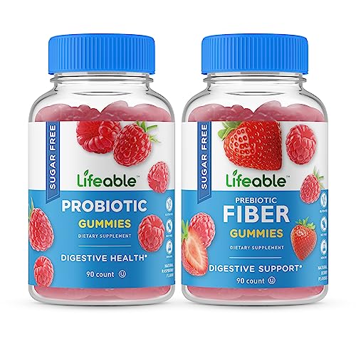 Lifeable Sugar Free Probiotic + Prebiotic Fiber, Gummies Bundle - Great Tasting, Vitamin Supplement, Gluten Free, GMO Free, Chewable Gummy