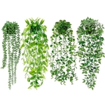 Artificial Hanging Plants for Shelf, 4 Pack Fake Potted Greenery Faux Eucalyptus Vine, Mandala Vine, String of Pearls,Pea pod Leaves in Pot for Office Living Room Bathroom Indoor Outdoor Décor
