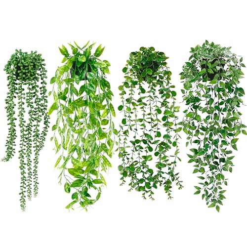 Version 1.0.0 Artificial Hanging Plants for Shelf, 4 Pack Fake Potted Greenery Faux Eucalyptus Vine, Mandala Vine, String of Pearls,Pea pod Leaves in Pot for Office Living Room Bathroom Indoor Outdoor Décor - Image 1