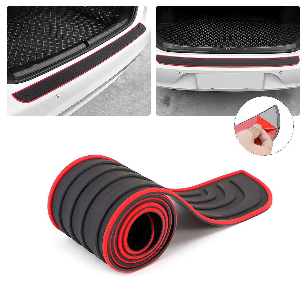 Car Rear Bumper Protector Guard, Anti-Scratch Abrasion Rubber Trunk Door Entry Sill Guard, Non-Slip Vehicle Trim Cover Protection Strip, Car Accessories for Most Cars and SUV (Black/Red/35.4" x2.7)