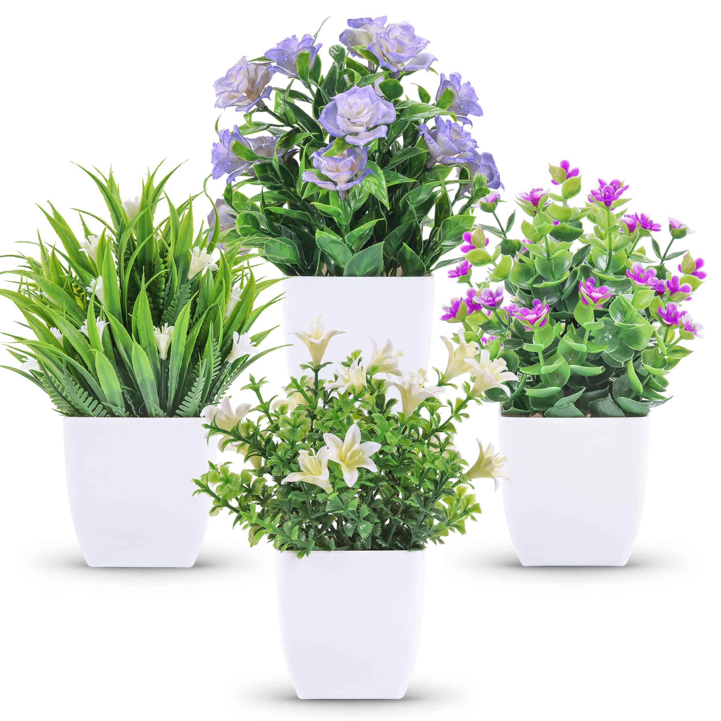 Der Rose 4 Packs Small Fake Plants Mini Artificial Faux Plants with Flowers for Home Room Farmhouse Bathroom Decor Indoor