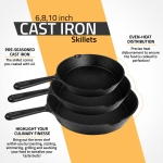 Utopia Kitchen Pre Seasoned Cast Iron Skillet 3 Piece, Cast Iron Grill Pan, Frying Pans, Saute Fry Pan, Cast Iron Set (Black) - Image 7